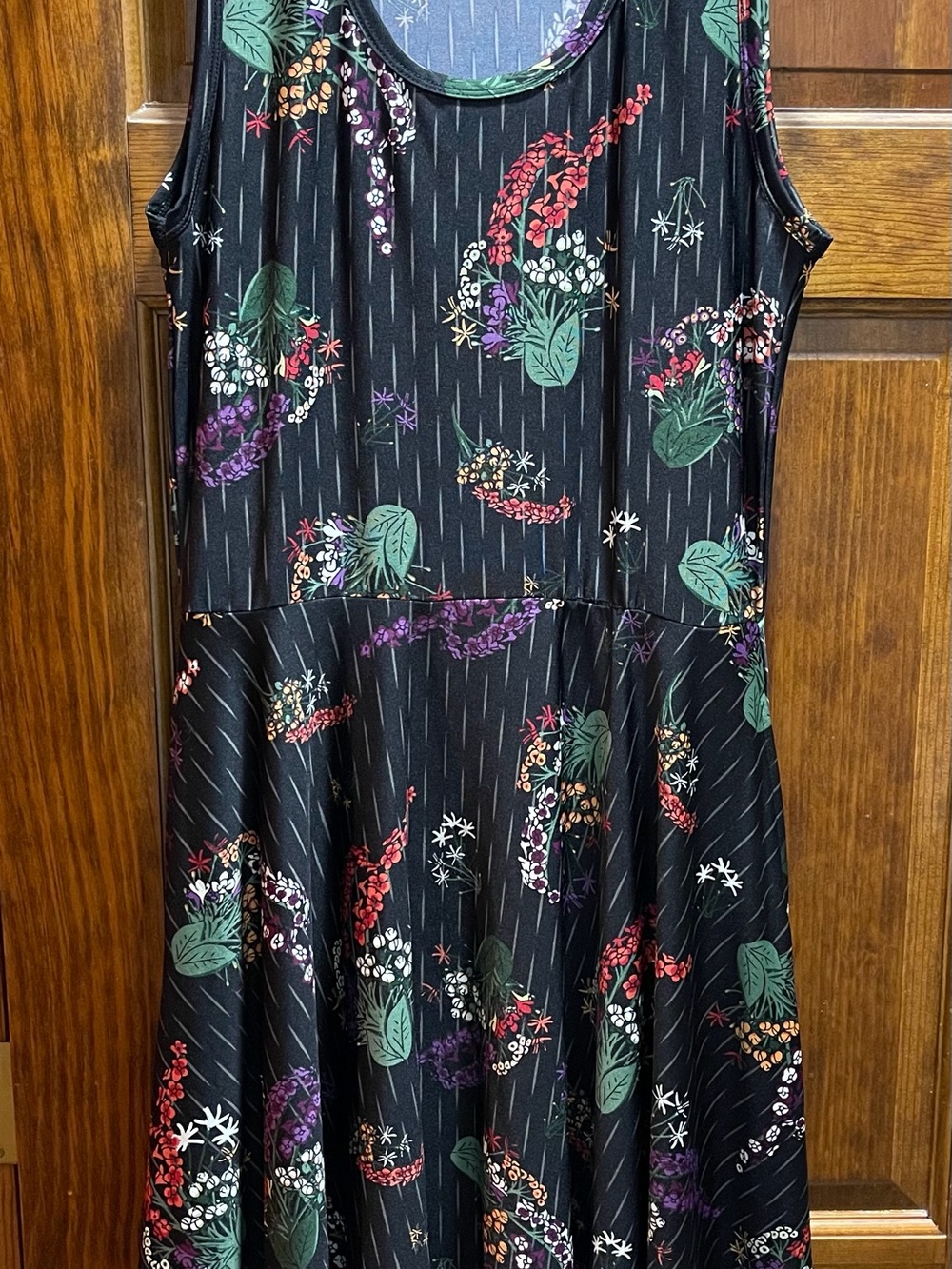 LuLaRoe Black Floral Sleeveless Dress with Green, Purple, Red, White Accents